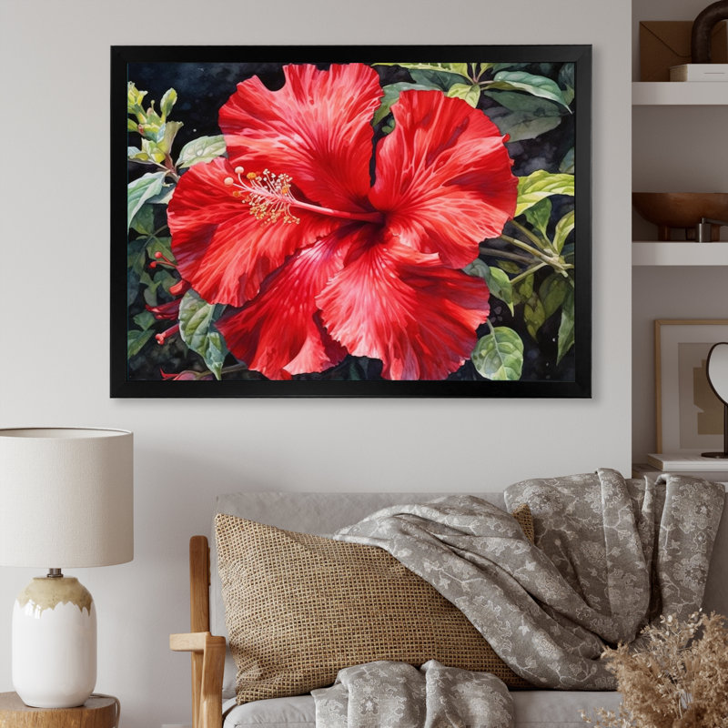 «Red Tropical Hibiscus Harmony I», reproduction sur toile, H 12 po x l 20 po x P 1 po, Cadre photo noir