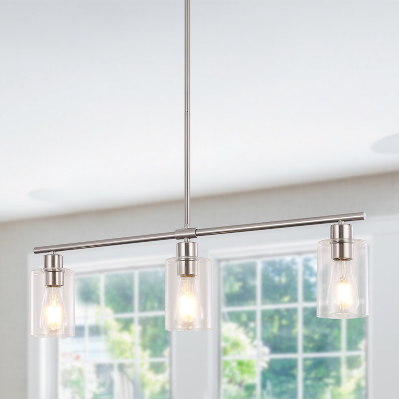 Delmis 3 - Light Kitchen Island Pendant Rustic Linear Chandelier with Clear Glass Shades, Nickel