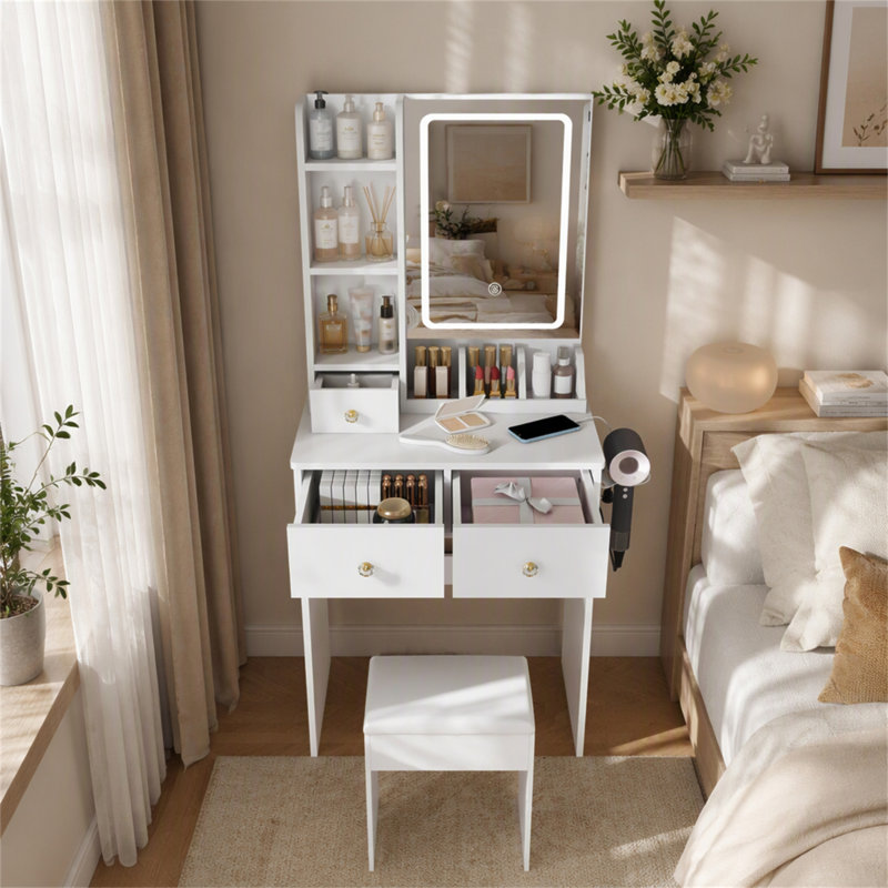 Modern Small Makeup Vanity Desk with 3-Mode Dimmable LED Lights, 3 Drawers & Multi Open Storage Shelves, Hair Dryer Holder and Power Outlet, Dressing Table with Stool for Bedroom