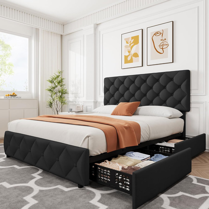 Bed Frame With Adjustable Headboard And 4 Storage Drawers, Linen Upholstered Platform Bed Frame, Black, Queen
