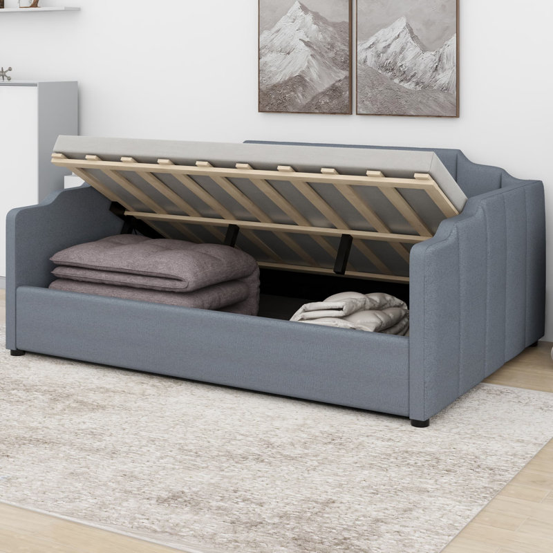 Lit de jour rembourré avec rangement inférieur, Gris