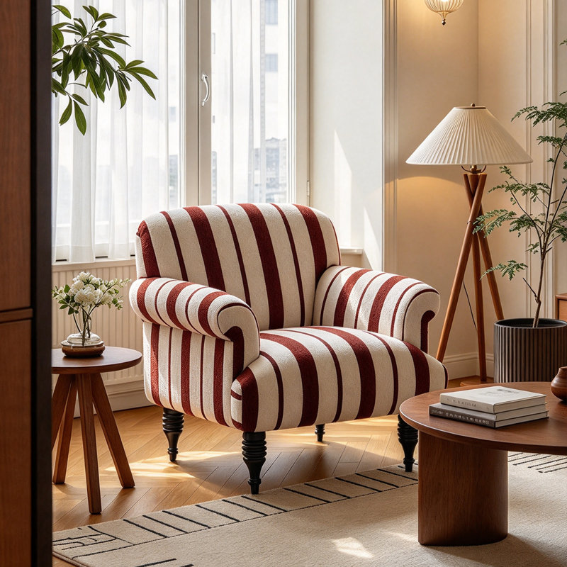 Chaise d'appoint rembourrée French Country avec tissu rayé et accoudoirs roulés