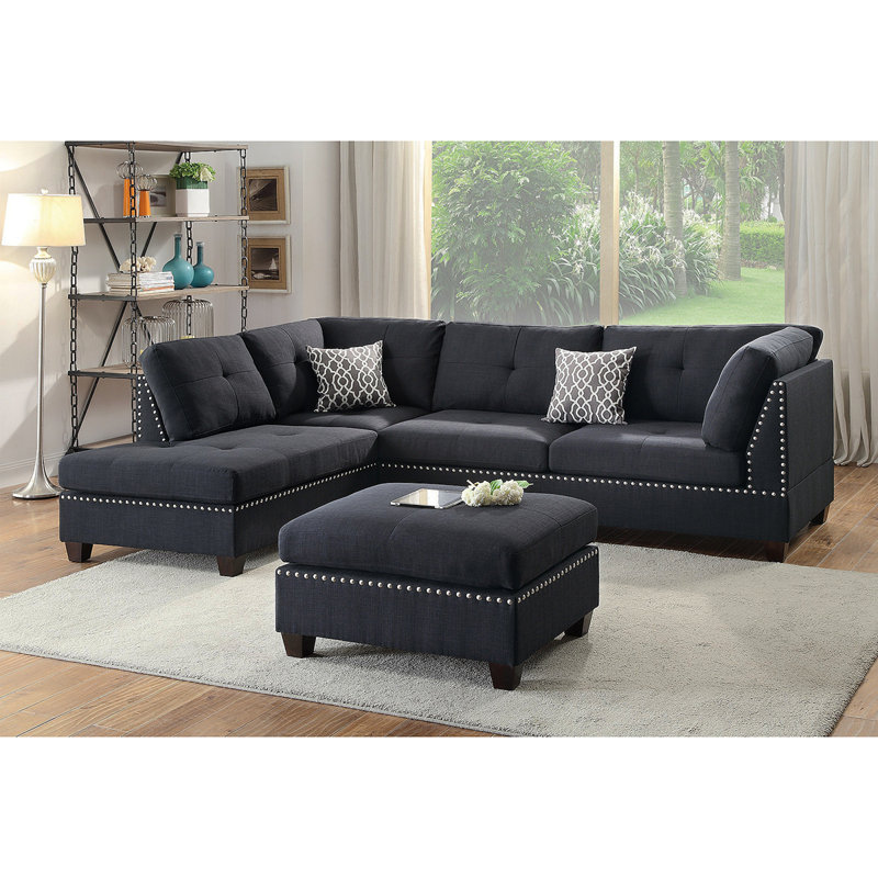 Reversible Polyfiber Sectional Sofa With Ottoman, Black, Black Polyfiber
