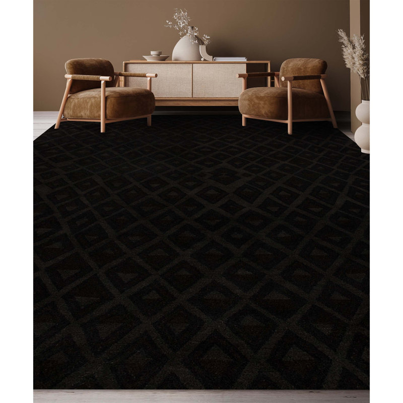 Rectangle Geometric Hand-Knotted Wool Area Rug in Black/Gray, Rectangle 10' x 14'