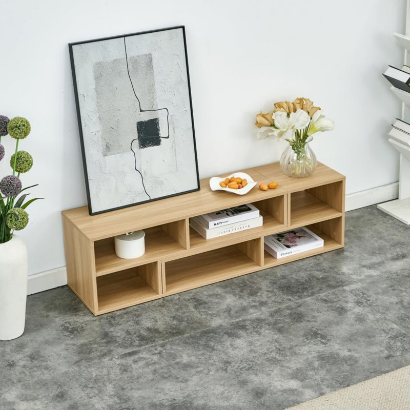 Meuble télé modulaire en bois avec compartiments ouverts réglables, console multimédia Freestyle, unité de rangement modulaire minimaliste pour petit salon et chambre à coucher (finition bois clair)