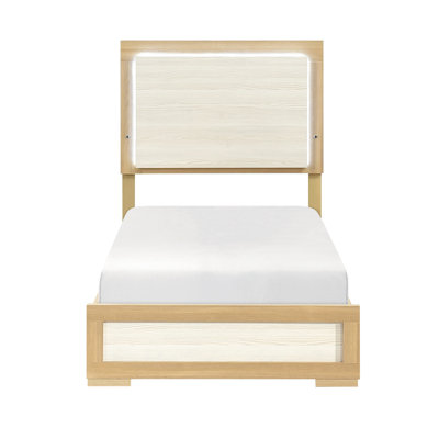 Lit à panneaux simple naturel et blanc avec tête de lit à DEL contemporaine, tête de lit en bois d'ingénierie 3D avec abat-jours, rails et base inclus