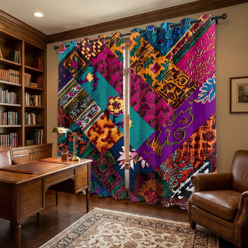 2 pièces rideaux de style patchwork coloré, rideaux de fenêtre à motif bohémien, panneaux à œillets à imprimé floral géométrique vibrant, habillage de fenêtre décoratif pour le décor de la chambre à coucher