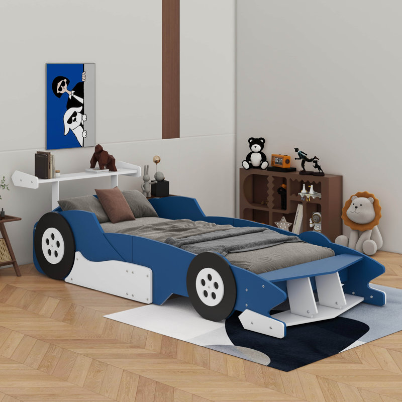 Race Car-Shaped Platform Bed With Wheels, Twin, Blue