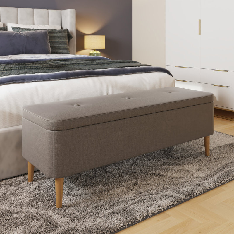 Derryberry Ottoman Storage Bench. Grey Button Tufted Linen Fabric Upholstered. 2 Leg Options Included.