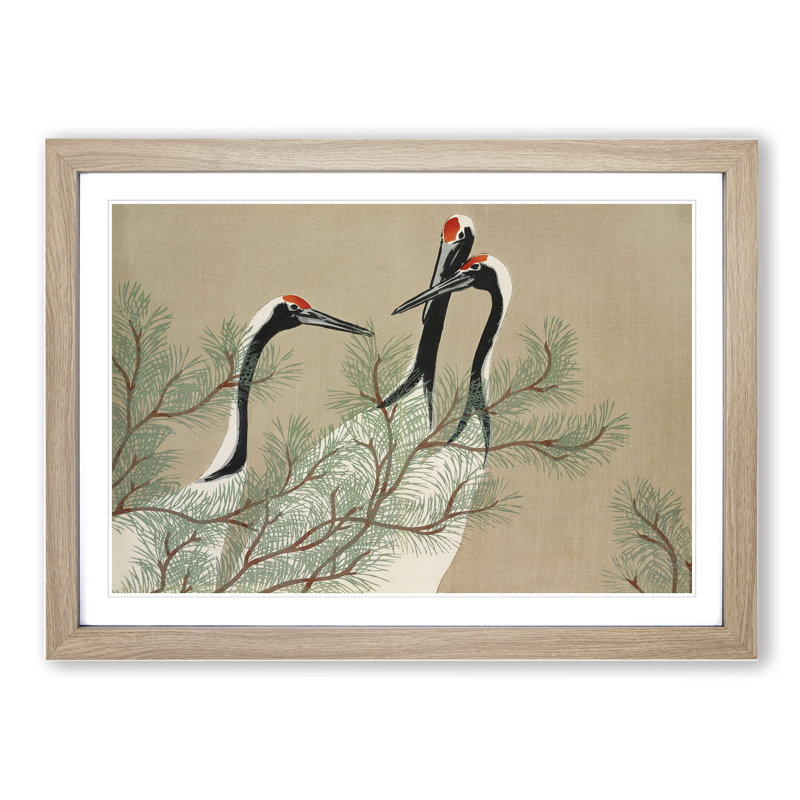 Three Cranes by Kamisaka Sekka - Picture Frame Painting, 48cm H x 65cm W x 2cm D, Oak