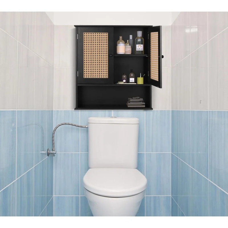 Ahsiah Reettic Rattan Two Door Wall Cabinet, Wooden Medicine Cabinet, Wall Mounted Bathroom Storage Cabinet, Black/Natural