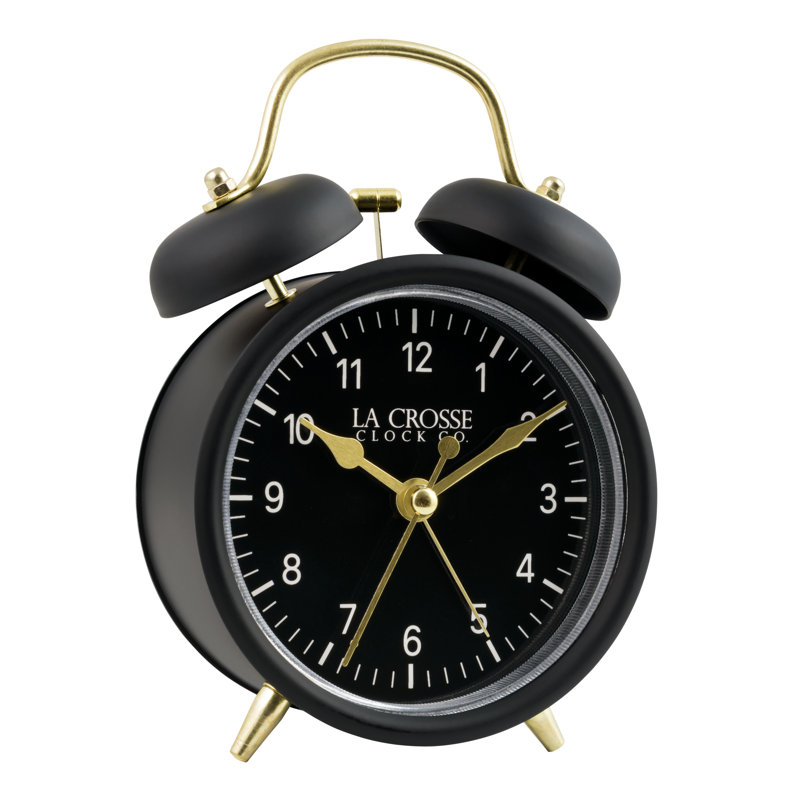 Black Twin Bell Quartz Analog Alarm Clock with Gold Accents