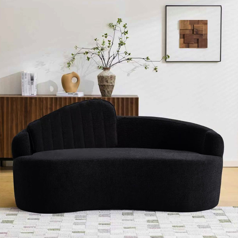 Canapé 2 places incurvé, revêtement en chenille noire, déhoussable, structure comprimée, style rétro minimaliste pour petits espaces, assise mi-ferme, mousse et ressorts, 4 places, profondeur 175 cm