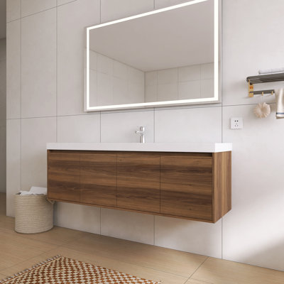 60" Floating Bathroom Vanity with Acrylic Integrated Sink | All-Wood Cabinet, Soft-Close Doors & Handle-Free Design