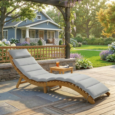 Folding Chaise Lounge Chair Outdoor, Acacia Wood, Light Grey