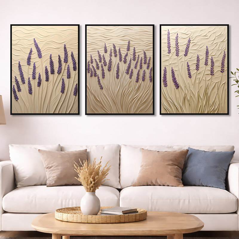 Lavande chuchotements de Provence - ensemble d'art mural encadré lavande de 3, H 32 po x l 72 po, Cadre flottant noir