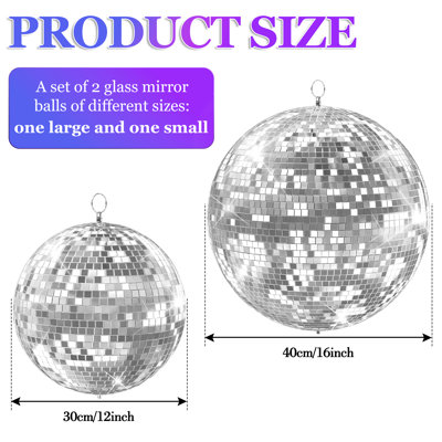12-Inch & 16-Inch Silver Disco Ball Mirror Ball Disco Ball Decor for Wedding Birthday Disco Party 2-Pack