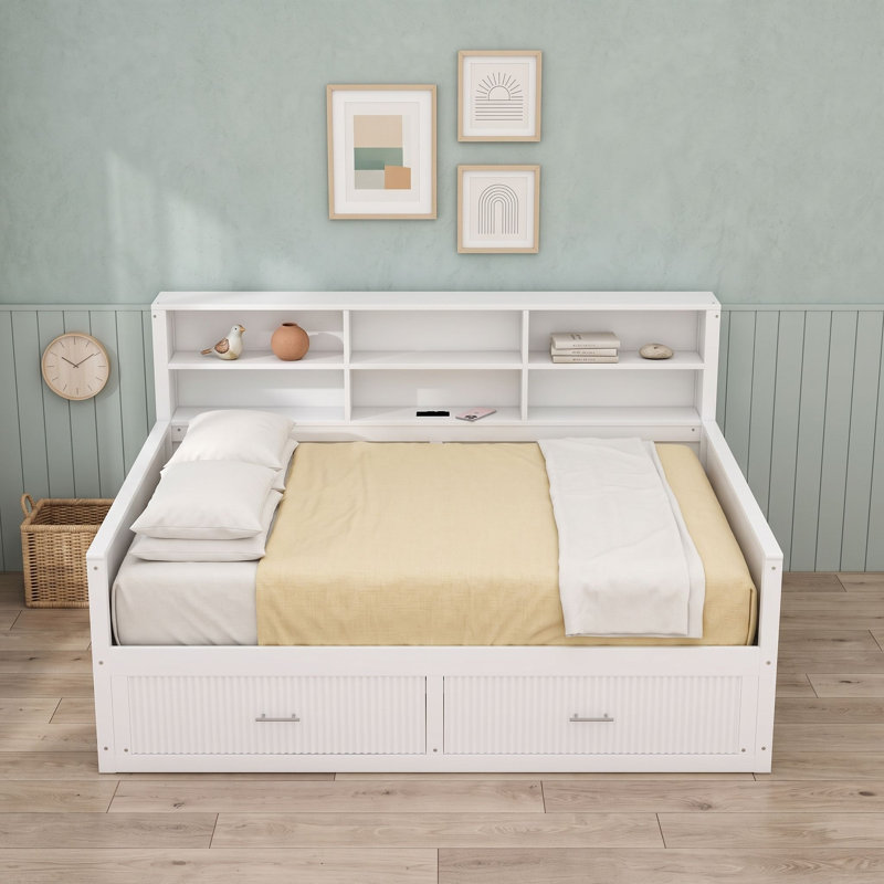 Lit de jour en bois avec tablettes de rangement, tiroirs et station de recharge, Lit double, Blanc