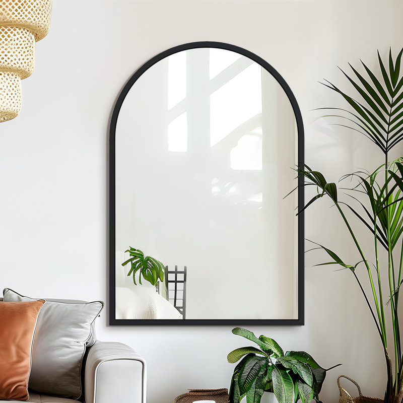 Anavaeh 35" H x 31" W Arched Solid Wood Vanity Mirror, Black