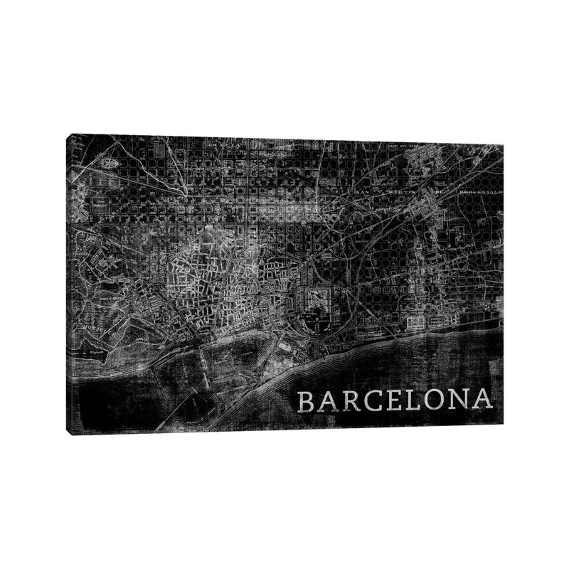 Map Barcelona, Vintage In Black by PI Studio - Wrapped Canvas Panoramic Print, 30.48 cm H x 45.72 cm W