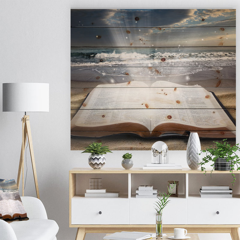 Impression sur toile, "Bible de Jésus à la plage", H 15 po x l 20 po x P 1 po, Bois