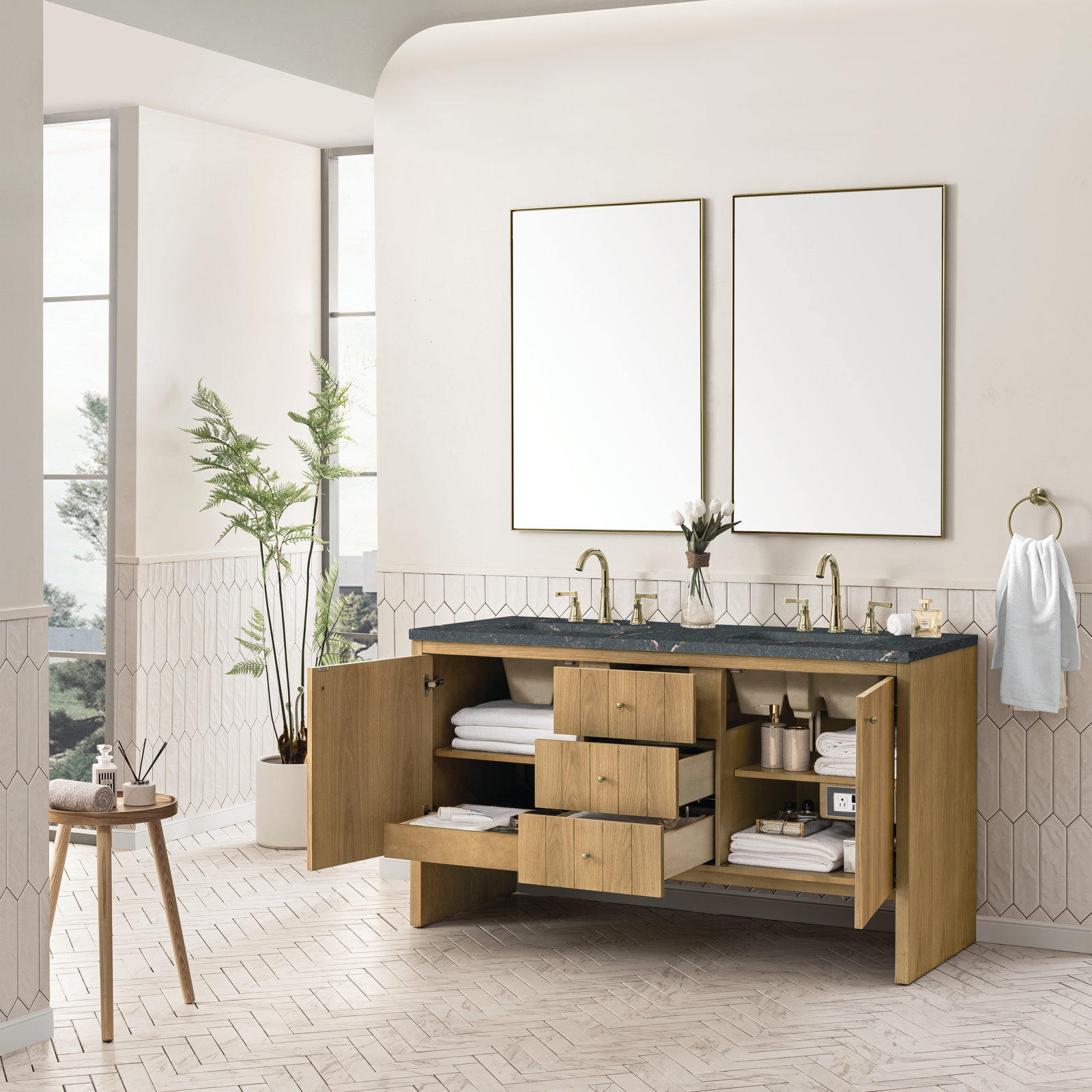 Hudson 60" Double Vanity, FreePower Wireless Charger, Parisien Bleu, Light Natural Oak