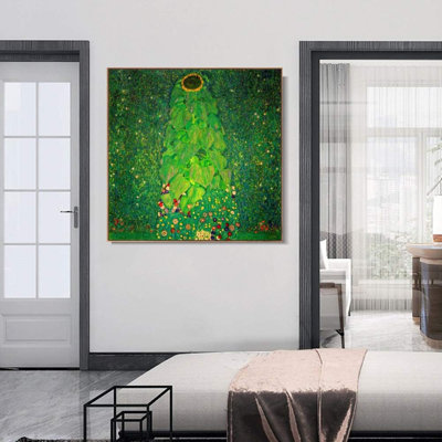 Impression giclée sur toile encadrée - Le Tournesol de Gustav Klimt - Décoration murale pour salon, maison ou bureau (cadre fin couleur bois, 61 x 61 cm)