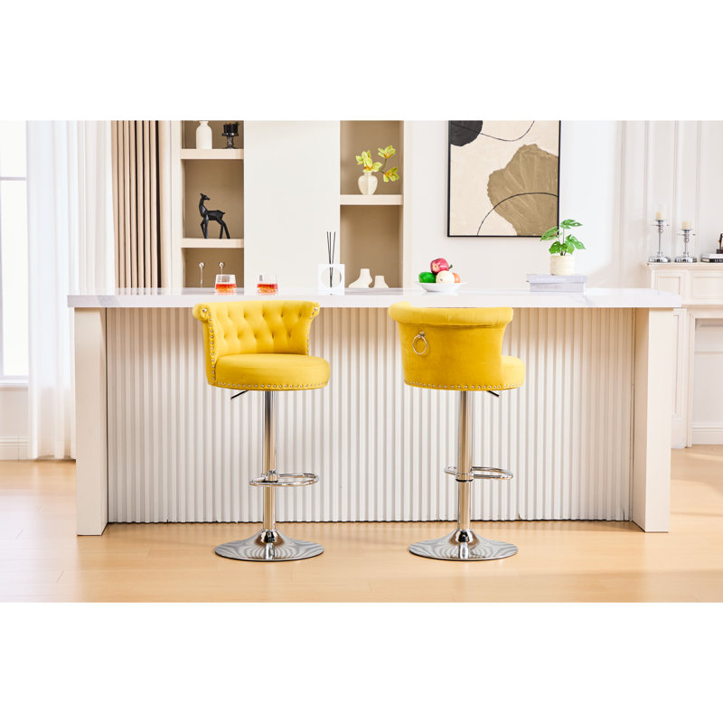 Tabouret de bar rotatif à hauteur ajustable en velours, 2 pieds, Jaune