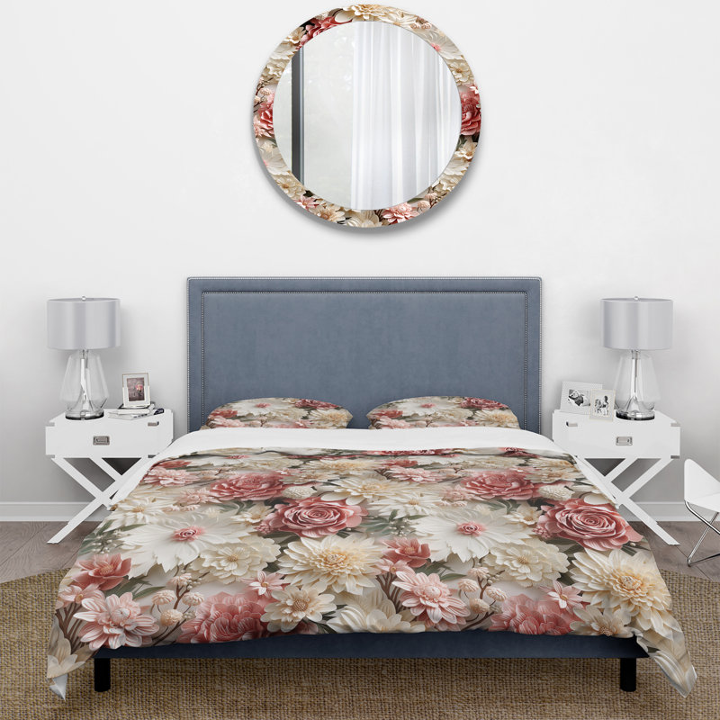 Ensemble de housse de couette floral rose et blanc, Housse de couette simple + 1 taie décorative stan