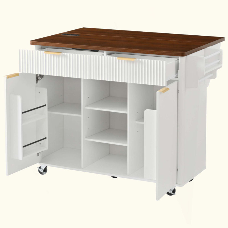 Îlot de cuisine cannelé avec abattant, prise de courant, chariot de rangement de cuisine avec tablettes réglables, 2 portes et 2 tiroirs, table d'îlot roulant avec plateau de couleur noyer pour la cuisine
