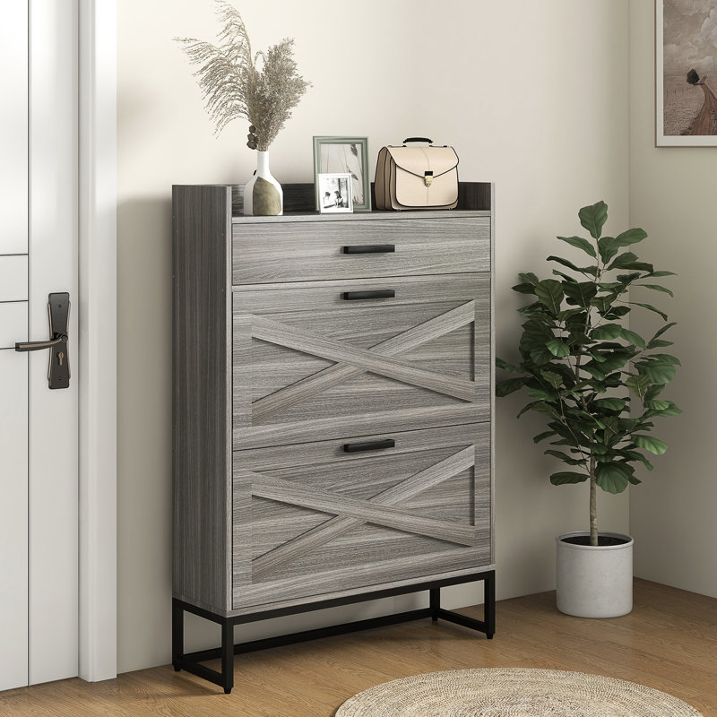 Armoire industrielle grise avec 2 tiroirs et tablettes réglables pour 12 paires de chaussures