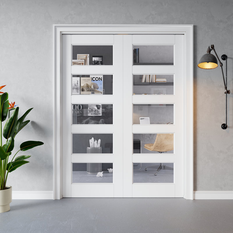 Porte intérieure coulissante à 5 carreaux en verre clair, MDF CARB P2 et verre trempé SGCC, double porte escamotable, avec cadre renforcé et quincaillerie incluse, porte de chambre préfinie et imperméable, pour garde-manger, chambre, salle de bain et placard, teinture facile à appliquer soi-même, 152 x 203 cm