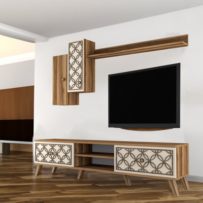 Meuble télé moderne avec tablette murale et armoires, noyer et blanc, 70,9 x 17,3 x 13,8 pouces | 100% panneau de particules enduit de mélamine, épaisseur de 0,7 pouce | Conception géométrique avec plusieurs tablettes et fonction de fixation murale