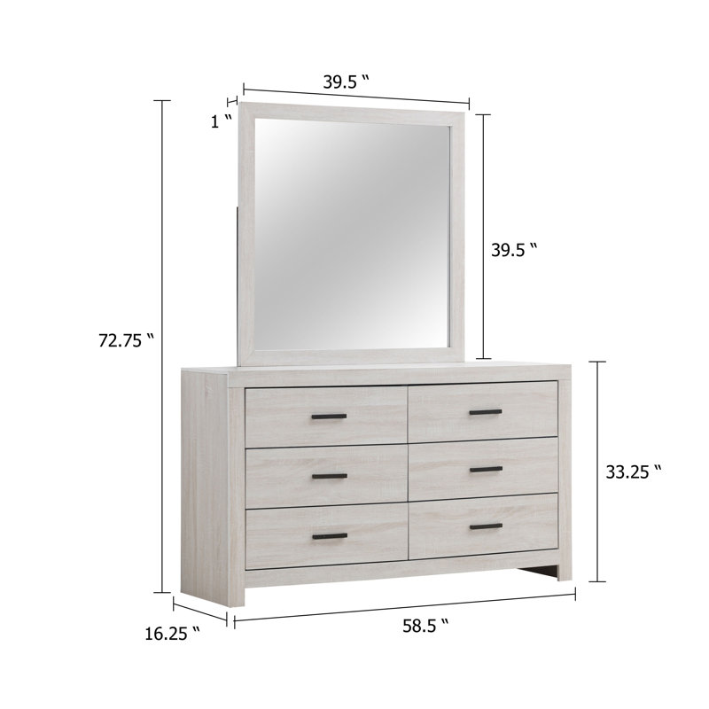 Commode 6 tiroirs avec miroir Coastal White, Blanc