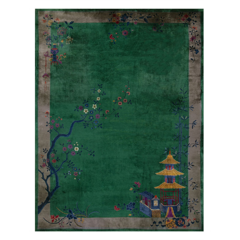 Hand Knotted Wool Area Rug in Green