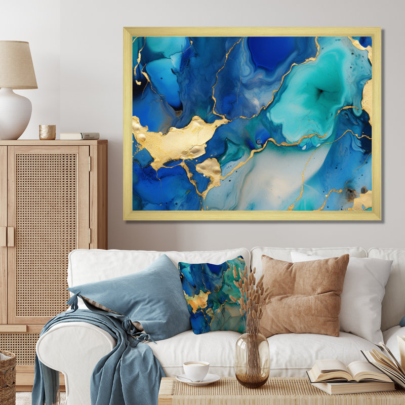 Bleu et or, art abstrait fluide de luxe, impression sur toile, H 34 po x l 44 po x P 1,5 po, Encadrement doré