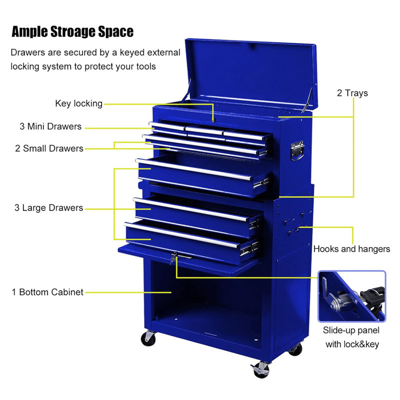 Boîte à outils sur roulettes à grande capacité avec 8 tiroirs et coffre à outils portatif avec tiroirs et roulettes, cadeau d'armoire de rangement amovible (bleu)