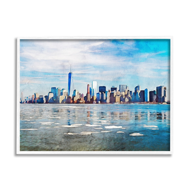 «Distant New York City Skyline Buildings» par Kim Curationa - cadre flottant, impression sur bois