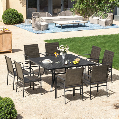 8-Person Square Outdoor Dining Set with 59" Metal Dining Table and 8 Rattan Dining Chairs