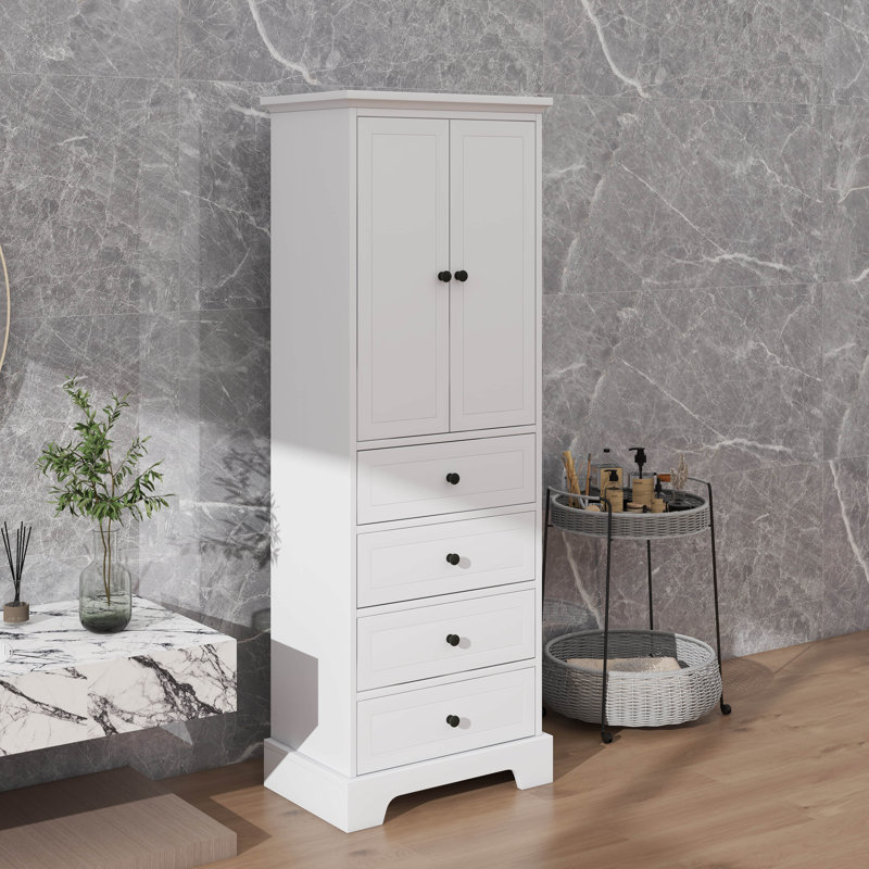 Armoire de rangement chic avec 2 portes et 4 tiroirs pour la salle de bain et le bureau, Blanc