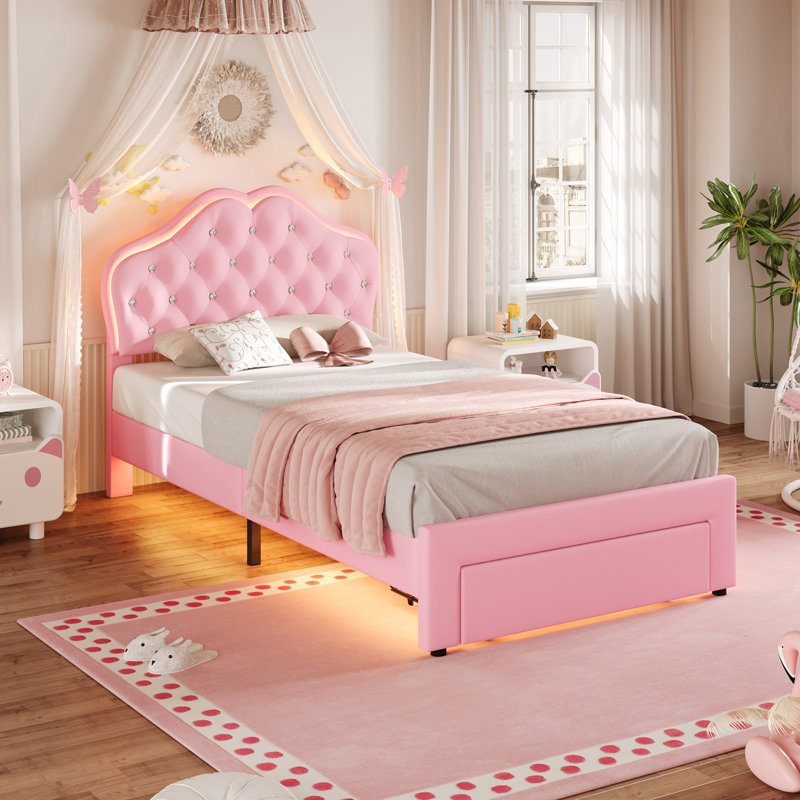 Princess Bed with Storage Drawer & LED Lights, Adjustable Headboard Upholstered Platform Bed with Velvet Crystal Button Princess Bed