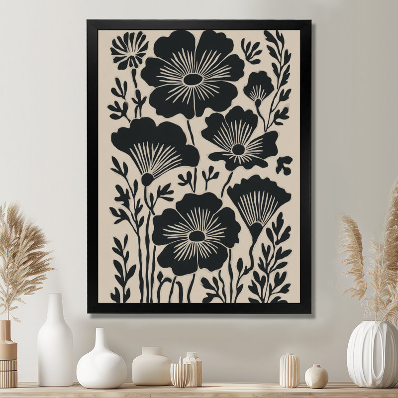 Bleuet Meadows dans des tons de noir et de beige - Art mural sur toile fleurs de bleuet, H 20 po x l 12 po, Avec cadre, Noir