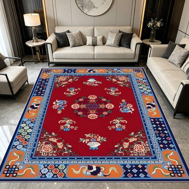 1PC Vintage Tibetan Floral Bordered area rugs for Living Room, Soft and Comfortable, Suitable for all seasons, easy-to-maintain, machine washable Indoor floor mat, Under Table Farmhouse suitable for dining room, bedroom, kitchen, entryway, home