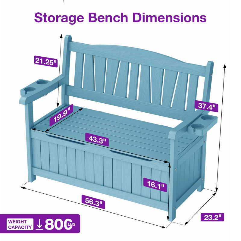 Grand banc de rangement extérieur 43 gallons, siège de patio d'une capacité de 800 lb avec porte-gobelets pliables, boîte de terrasse résistante aux intempéries pour les coussins de jardin et les jouets de piscine, mobilier de jardin, bleu