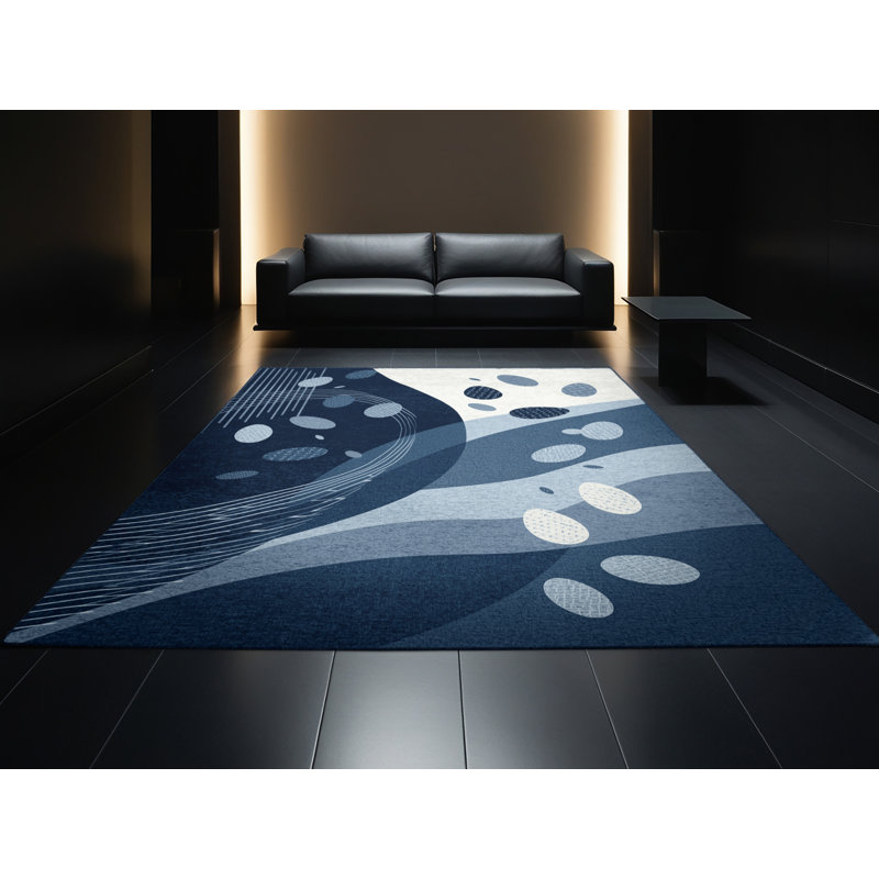 Machine Washable Elkton Easter Egg Basket Modern Abstract Rug in Blue – Navy Binding, 5x7