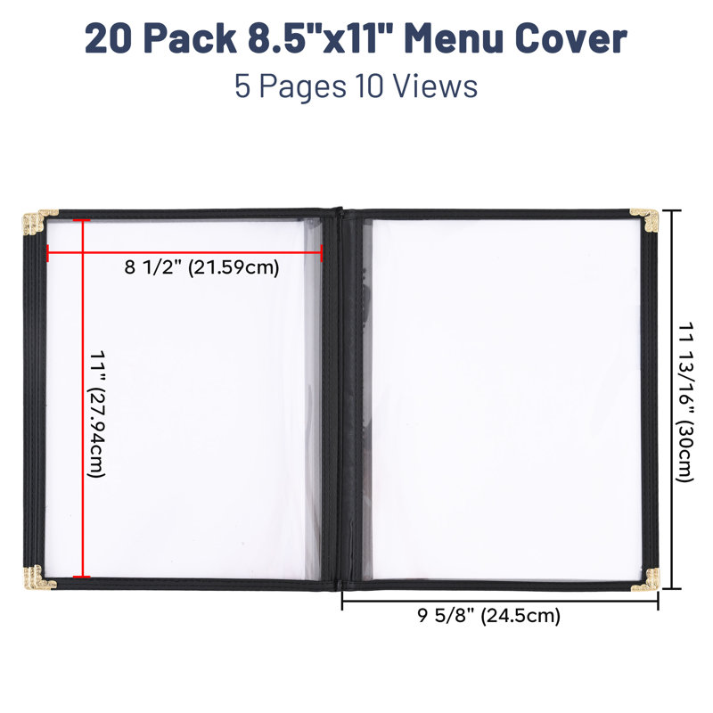 Paquet de 20 pochettes pour menu de restaurant WeChef 8,5 x 11 po style livre 5 pages 10 vues PVC transparent