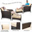 Ensemble de conversation extérieur 5 pièces pour patio, comprenant des chaises en rotin tressé PE, 2 poufs et une table en verre, marron