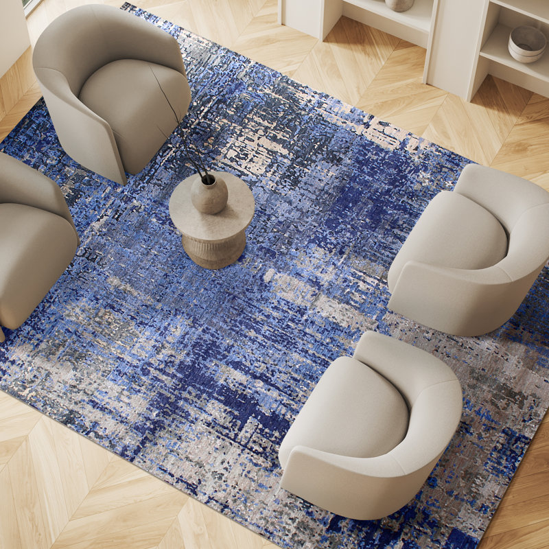 Hand Knotted Abstract Area Rug in Navy, Rectangle 2' x 3'