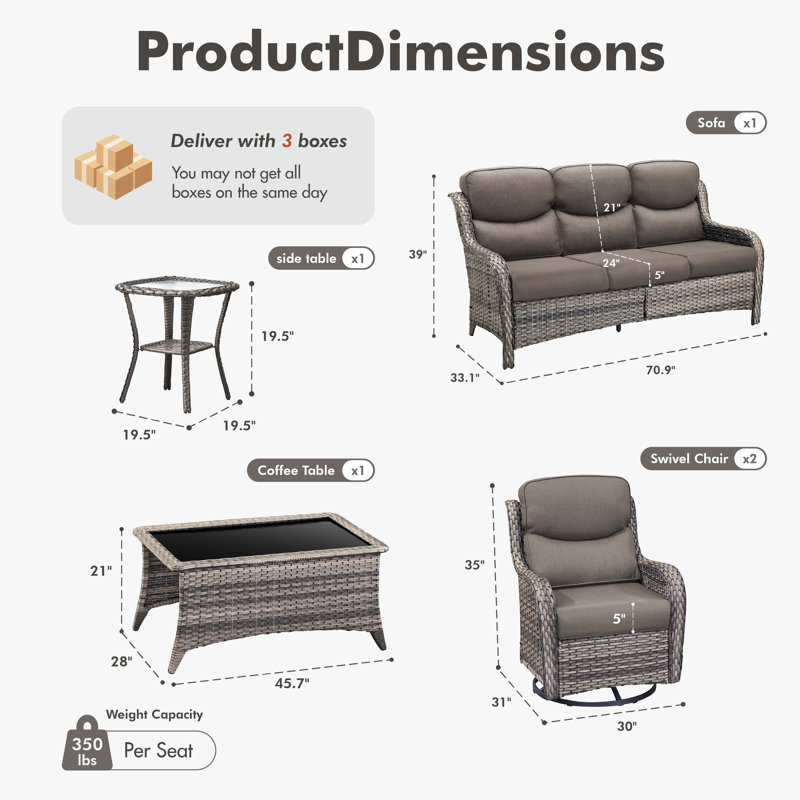 Ensemble de conversation de patio en osier tissé à la main pour 5 personnes avec chaises pivotantes et table d'appoint, coussins en oléfine de 5 po