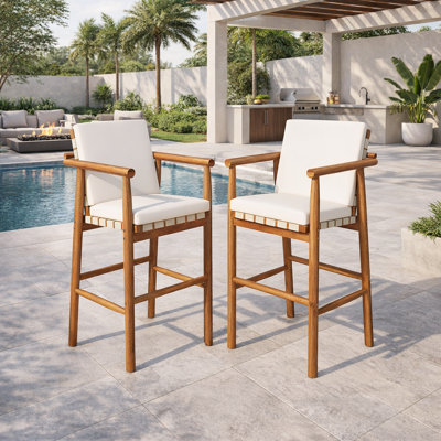 Set Of 2 Outdoor Counter Height Bar Stools - Modern Acacia Wood Patio Chairs With Backrest, Armrests & Webbing Seat